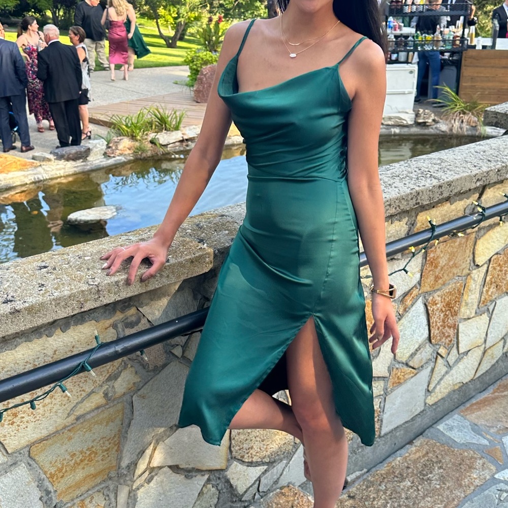 Emerald satin midi dress